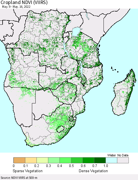 Southern Africa Cropland NDVI (VIIRS) Thematic Map For 5/9/2022 - 5/16/2022