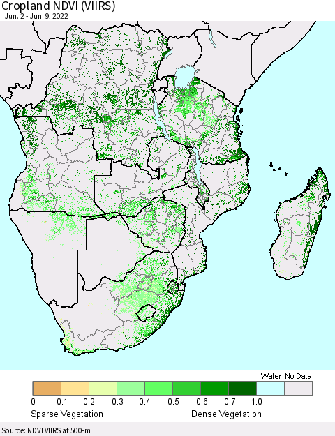 Southern Africa Cropland NDVI (VIIRS) Thematic Map For 6/2/2022 - 6/9/2022