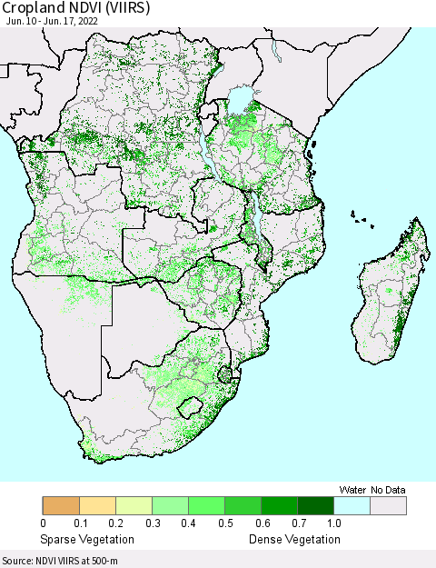 Southern Africa Cropland NDVI (VIIRS) Thematic Map For 6/10/2022 - 6/17/2022