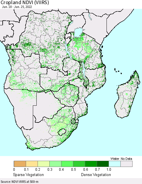 Southern Africa Cropland NDVI (VIIRS) Thematic Map For 6/18/2022 - 6/25/2022