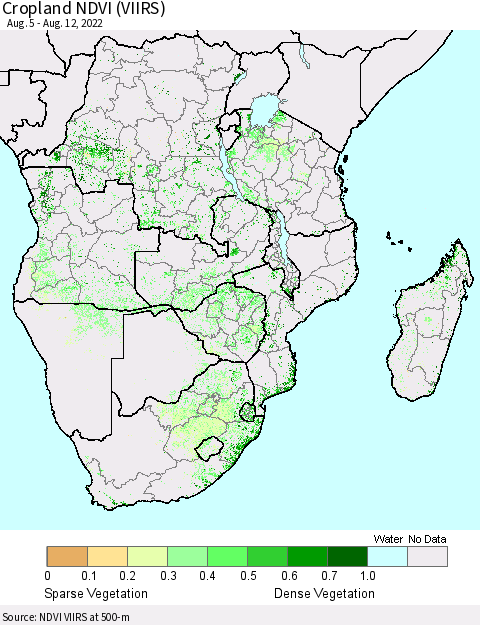 Southern Africa Cropland NDVI (VIIRS) Thematic Map For 8/5/2022 - 8/12/2022