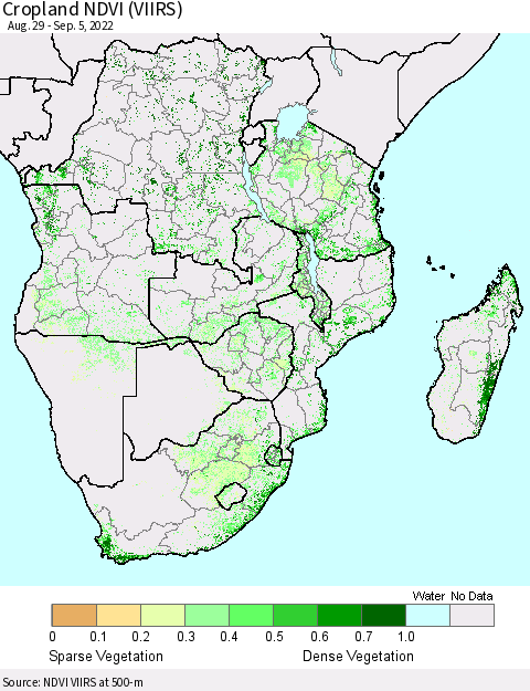 Southern Africa Cropland NDVI (VIIRS) Thematic Map For 8/29/2022 - 9/5/2022