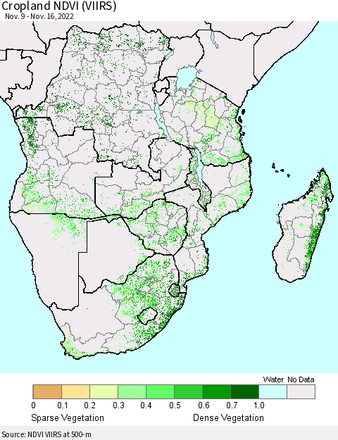 Southern Africa Cropland NDVI (VIIRS) Thematic Map For 11/9/2022 - 11/16/2022