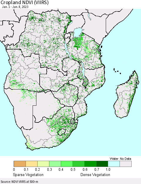 Southern Africa Cropland NDVI (VIIRS) Thematic Map For 1/1/2023 - 1/8/2023