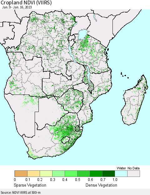 Southern Africa Cropland NDVI (VIIRS) Thematic Map For 1/9/2023 - 1/16/2023