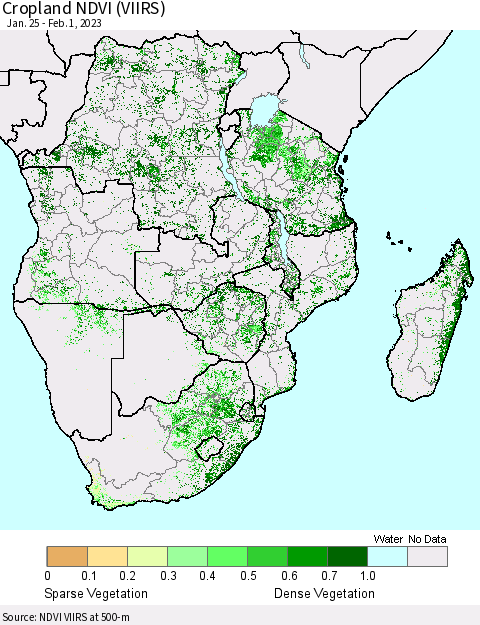 Southern Africa Cropland NDVI (VIIRS) Thematic Map For 1/25/2023 - 2/1/2023