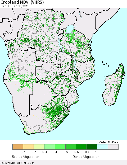 Southern Africa Cropland NDVI (VIIRS) Thematic Map For 2/18/2023 - 2/25/2023