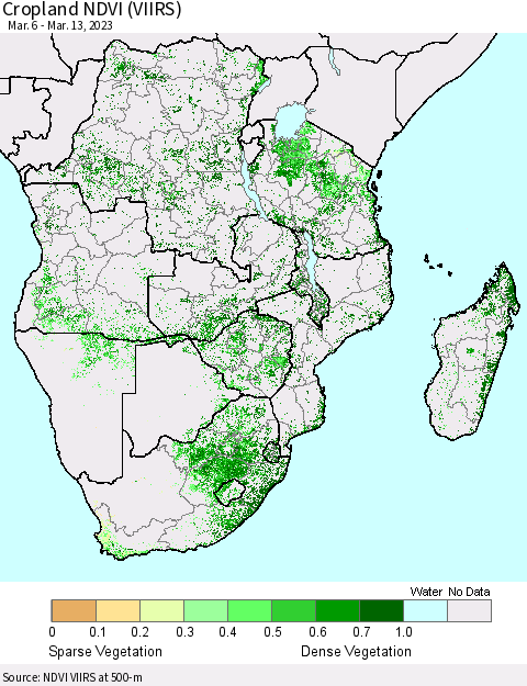 Southern Africa Cropland NDVI (VIIRS) Thematic Map For 3/6/2023 - 3/13/2023