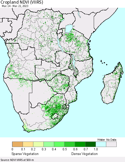 Southern Africa Cropland NDVI (VIIRS) Thematic Map For 3/14/2023 - 3/21/2023