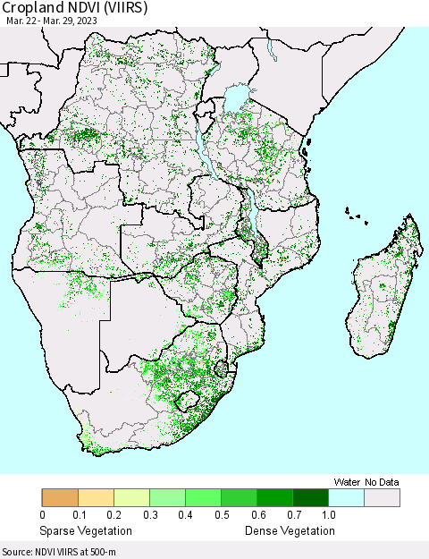 Southern Africa Cropland NDVI (VIIRS) Thematic Map For 3/22/2023 - 3/29/2023