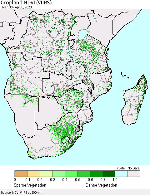 Southern Africa Cropland NDVI (VIIRS) Thematic Map For 3/30/2023 - 4/6/2023