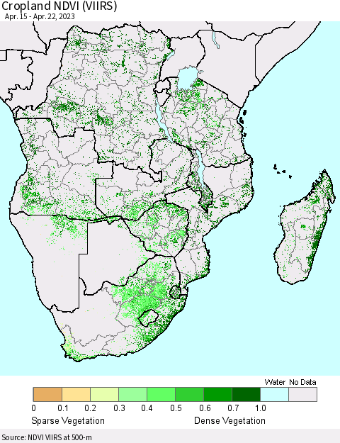 Southern Africa Cropland NDVI (VIIRS) Thematic Map For 4/15/2023 - 4/22/2023