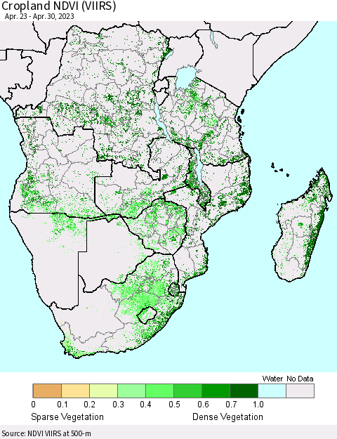 Southern Africa Cropland NDVI (VIIRS) Thematic Map For 4/23/2023 - 4/30/2023
