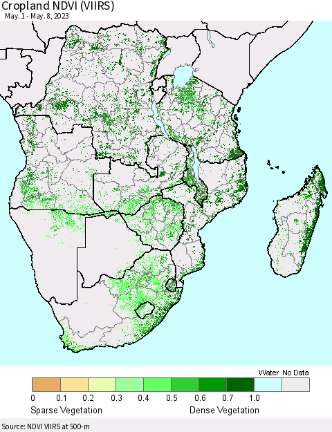 Southern Africa Cropland NDVI (VIIRS) Thematic Map For 5/1/2023 - 5/8/2023