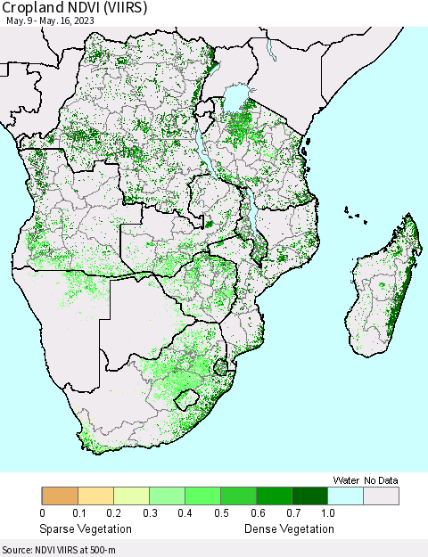 Southern Africa Cropland NDVI (VIIRS) Thematic Map For 5/9/2023 - 5/16/2023