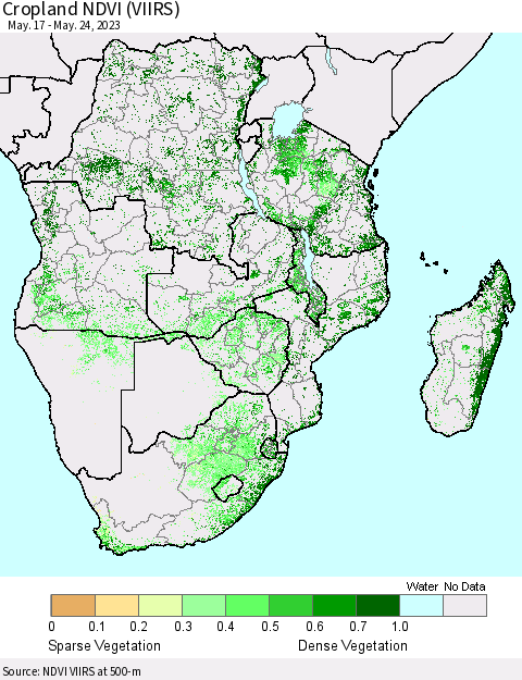 Southern Africa Cropland NDVI (VIIRS) Thematic Map For 5/17/2023 - 5/24/2023