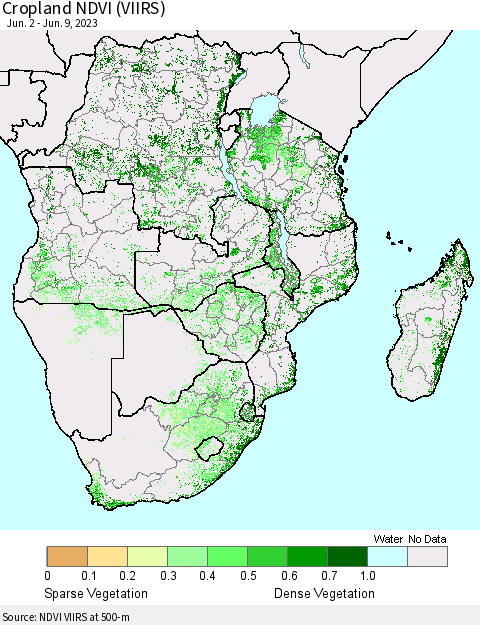 Southern Africa Cropland NDVI (VIIRS) Thematic Map For 6/2/2023 - 6/9/2023