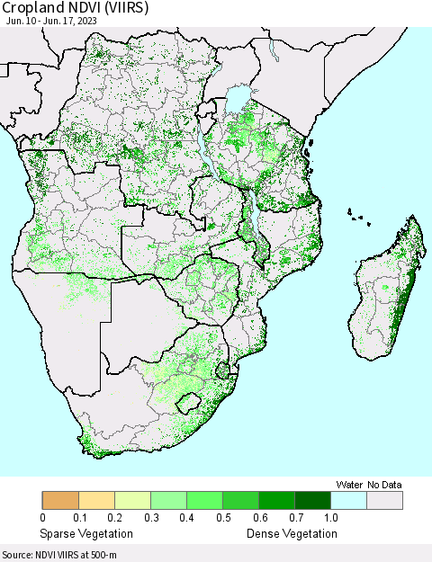 Southern Africa Cropland NDVI (VIIRS) Thematic Map For 6/10/2023 - 6/17/2023