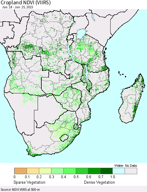 Southern Africa Cropland NDVI (VIIRS) Thematic Map For 6/18/2023 - 6/25/2023