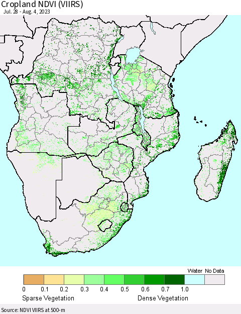 Southern Africa Cropland NDVI (VIIRS) Thematic Map For 7/28/2023 - 8/4/2023