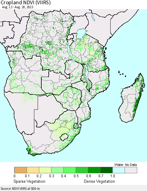 Southern Africa Cropland NDVI (VIIRS) Thematic Map For 8/13/2023 - 8/20/2023