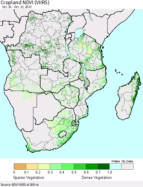 Southern Africa Cropland NDVI (VIIRS) Thematic Map For 10/16/2023 - 10/23/2023