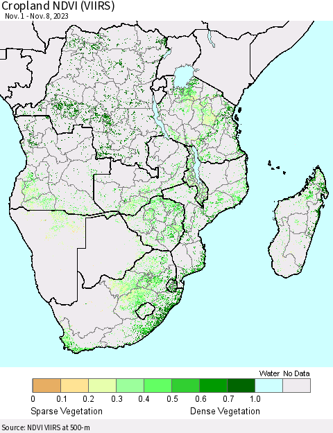 Southern Africa Cropland NDVI (VIIRS) Thematic Map For 11/1/2023 - 11/8/2023