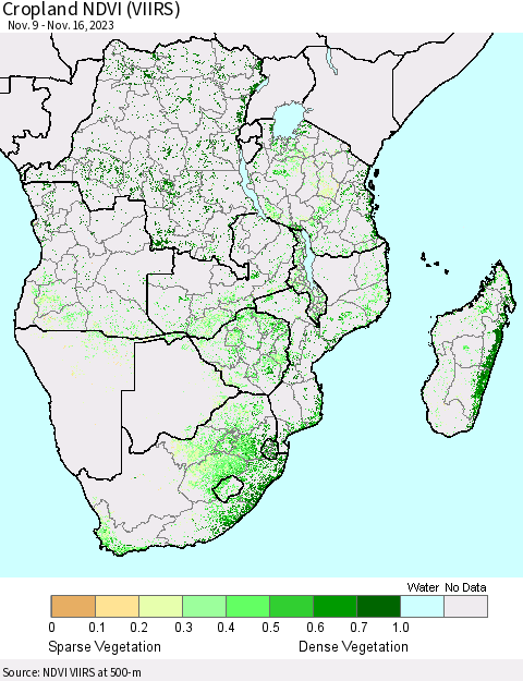 Southern Africa Cropland NDVI (VIIRS) Thematic Map For 11/9/2023 - 11/16/2023
