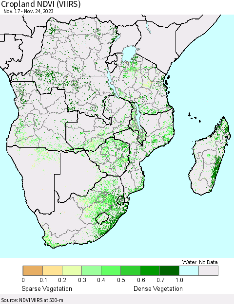 Southern Africa Cropland NDVI (VIIRS) Thematic Map For 11/17/2023 - 11/24/2023