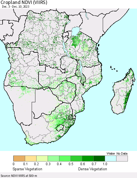 Southern Africa Cropland NDVI (VIIRS) Thematic Map For 12/3/2023 - 12/10/2023