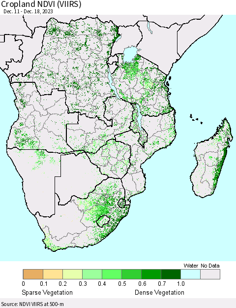 Southern Africa Cropland NDVI (VIIRS) Thematic Map For 12/11/2023 - 12/18/2023
