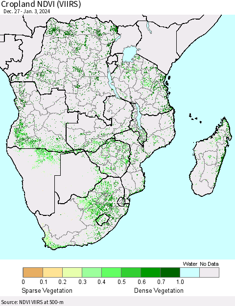 Southern Africa Cropland NDVI (VIIRS) Thematic Map For 12/27/2023 - 1/3/2024