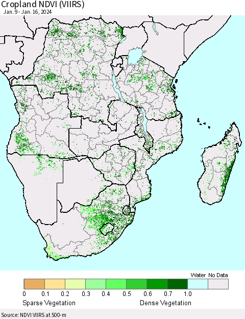 Southern Africa Cropland NDVI (VIIRS) Thematic Map For 1/9/2024 - 1/16/2024