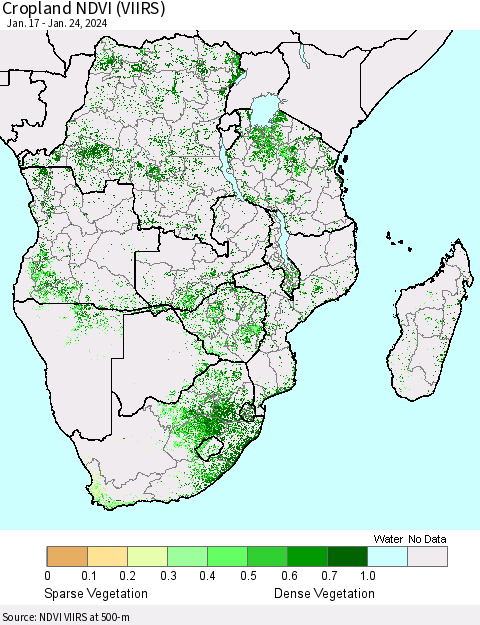Southern Africa Cropland NDVI (VIIRS) Thematic Map For 1/17/2024 - 1/24/2024