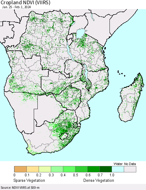 Southern Africa Cropland NDVI (VIIRS) Thematic Map For 1/25/2024 - 2/1/2024