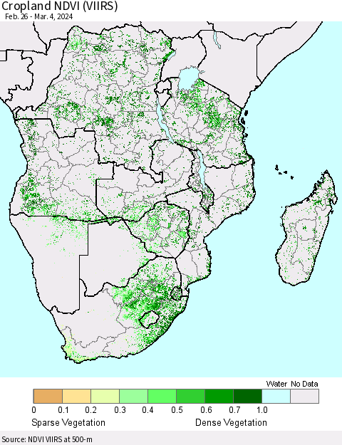 Southern Africa Cropland NDVI (VIIRS) Thematic Map For 2/26/2024 - 3/4/2024