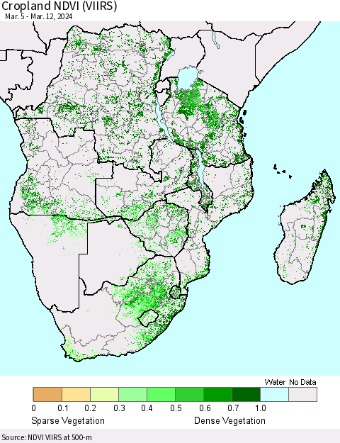 Southern Africa Cropland NDVI (VIIRS) Thematic Map For 3/5/2024 - 3/12/2024