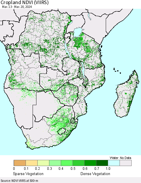 Southern Africa Cropland NDVI (VIIRS) Thematic Map For 3/13/2024 - 3/20/2024