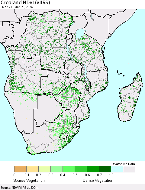 Southern Africa Cropland NDVI (VIIRS) Thematic Map For 3/21/2024 - 3/28/2024