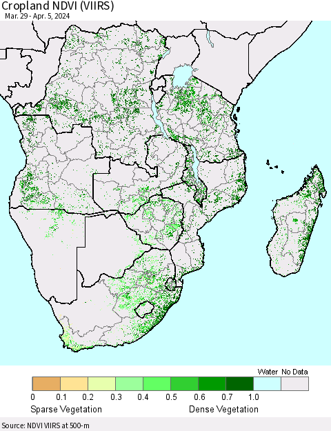 Southern Africa Cropland NDVI (VIIRS) Thematic Map For 3/29/2024 - 4/5/2024