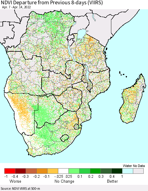 Southern Africa NDVI Departure from Previous 8-days (VIIRS) Thematic Map For 4/7/2022 - 4/14/2022