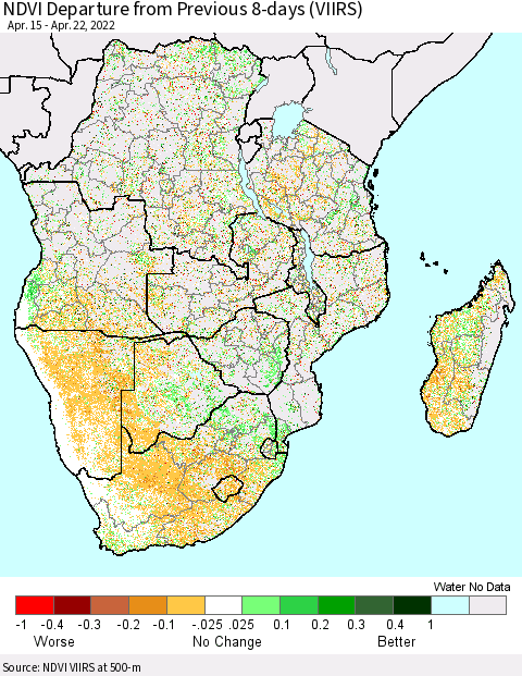 Southern Africa NDVI Departure from Previous 8-days (VIIRS) Thematic Map For 4/15/2022 - 4/22/2022