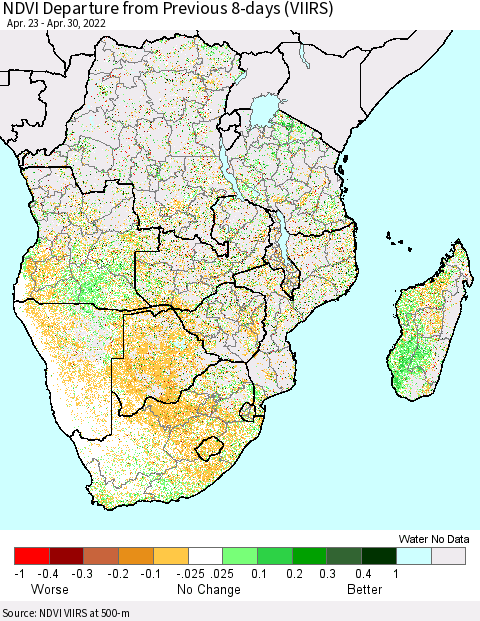 Southern Africa NDVI Departure from Previous 8-days (VIIRS) Thematic Map For 4/23/2022 - 4/30/2022