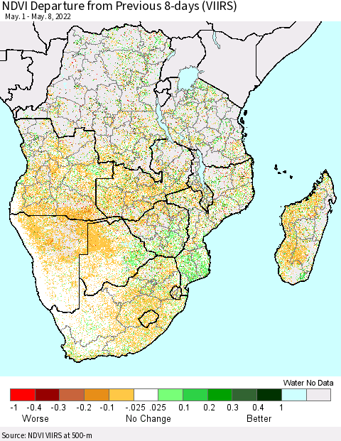 Southern Africa NDVI Departure from Previous 8-days (VIIRS) Thematic Map For 5/1/2022 - 5/8/2022