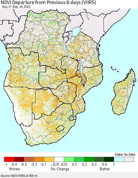 Southern Africa NDVI Departure from Previous 8-days (VIIRS) Thematic Map For 5/9/2022 - 5/16/2022
