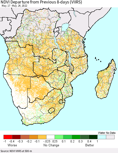 Southern Africa NDVI Departure from Previous 8-days (VIIRS) Thematic Map For 5/17/2022 - 5/24/2022