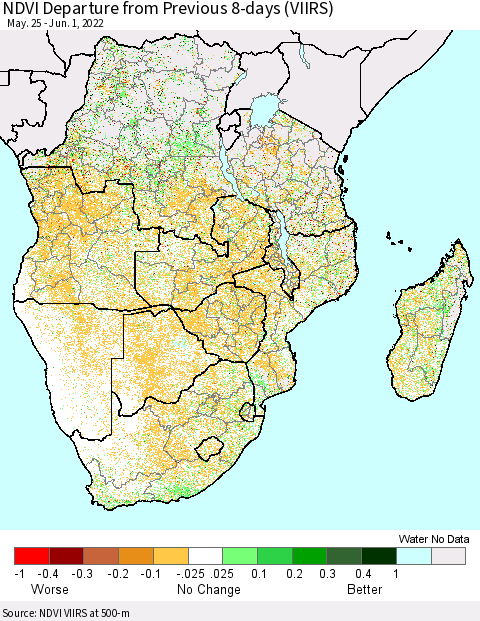 Southern Africa NDVI Departure from Previous 8-days (VIIRS) Thematic Map For 5/25/2022 - 6/1/2022