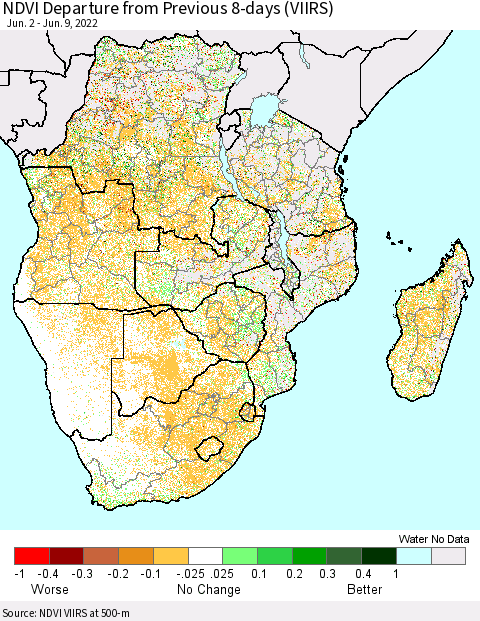 Southern Africa NDVI Departure from Previous 8-days (VIIRS) Thematic Map For 6/2/2022 - 6/9/2022