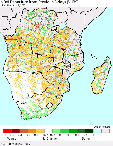Southern Africa NDVI Departure from Previous 8-days (VIIRS) Thematic Map For 6/10/2022 - 6/17/2022