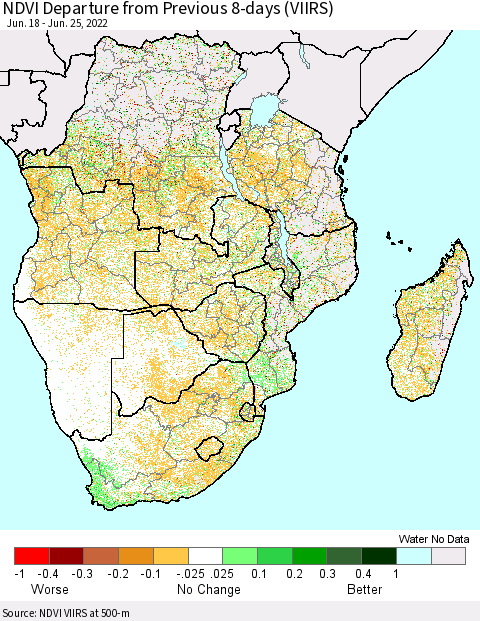 Southern Africa NDVI Departure from Previous 8-days (VIIRS) Thematic Map For 6/18/2022 - 6/25/2022
